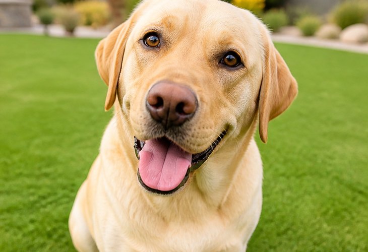 Happy dog on a clean lawn